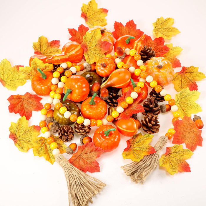 Jutom 148 PCS Fall Artificial Pumpkins Set with Pinecones Acorns Leaves