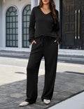Amoretu Women's Lounge Set V Neck Top Wide Leg Drawstring Pants Black Size L