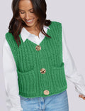 UEU Women's V Neck Crochet Sweater Vest Sleeveless Cardigan Green Size M