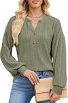 Edelqual Womens Long Sleeve Henley V Neck Sweater Top Green Size M