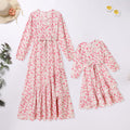 AWIBMK Mommy and Me Floral Boho A-Line V Neck Long Sleeve Dress Blue Pink Size L