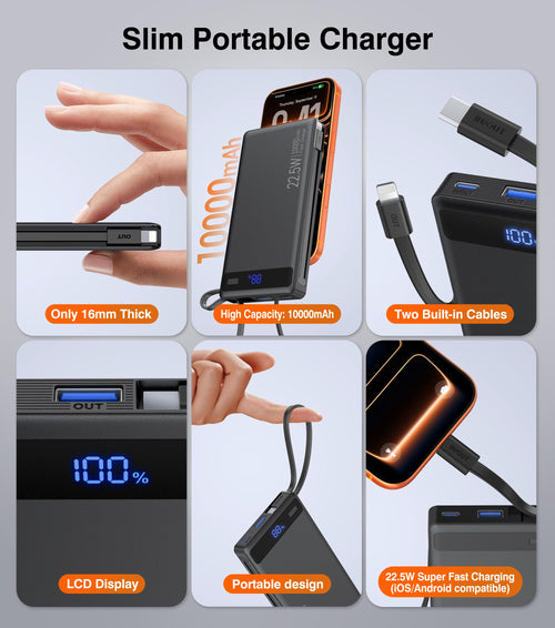Slim Power Bank w/ Built-In Cables – 22.5W PD Fast Charger for iPhone & Samsung