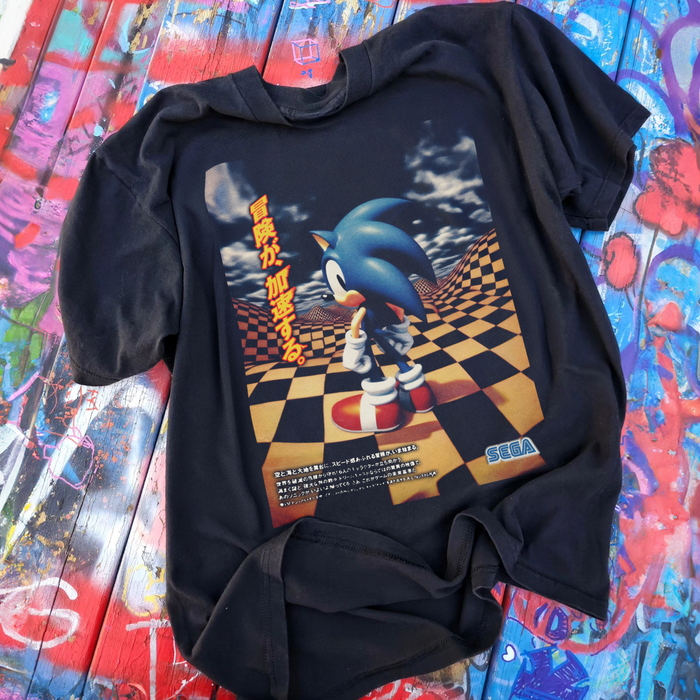 90S Japanese 'Sonic 3D' Washed Black T-Shirt