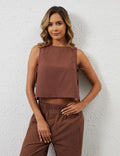 MSBESYOR Women Cotton Linen Crop Tank Top Sleeveless Tie Side Brown Size M