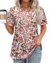 Uhiger Womens Summer Pleated Puff Sleeve Top Crewneck White Orange Flower Size S