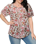 Uhiger Womens Summer Pleated Puff Sleeve Top Crewneck White Orange Flower Size S