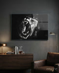 Black and White Roaring Lion Glass Wall Art