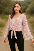 Polly & Esther Juniors Tie-Front Bell-Sleeve Top