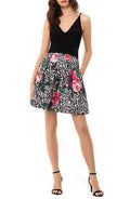 Xscape Black Printed Spaghetti Strap V Neck Fit And Flare Dress-Size 10