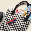 Black Checkered Tote Bag - Washable Cotton Knit with Key Ring