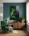 Neon Jungle Leaves Side Gaze Wolf Glass Wall Art