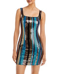 Aqua Sequined Stripe Bodycon Mini Dress, Size Large