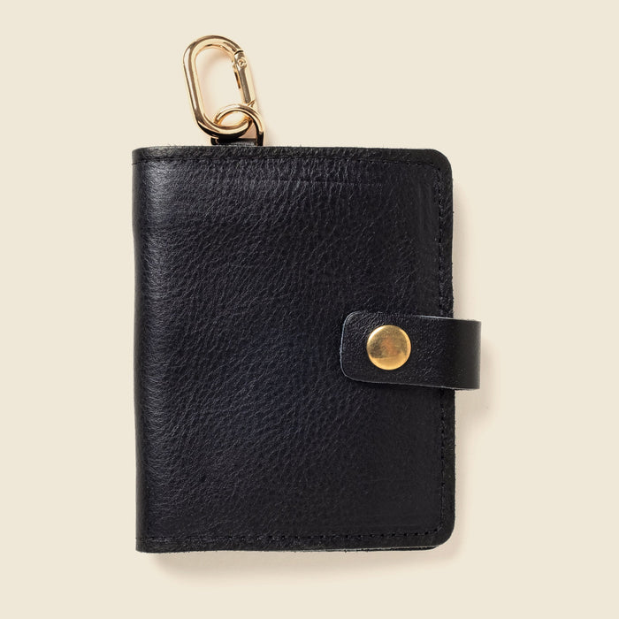 Leather Bifold Wallet with Snap & Key Ring - Black