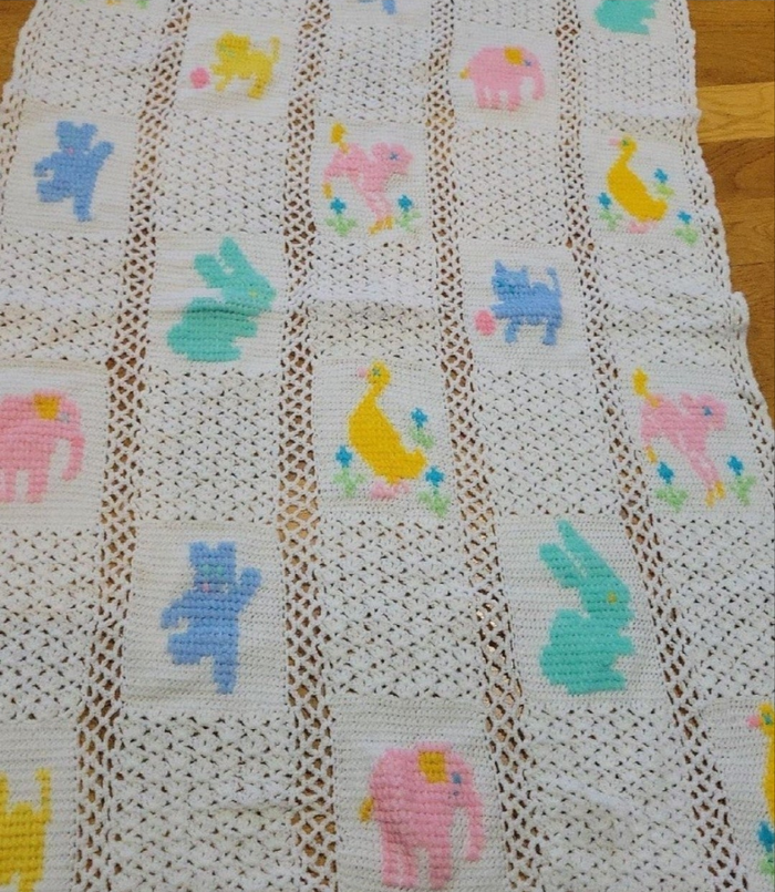 Vintage Easter Baby Crochet Quilt with animals rabbits ducks