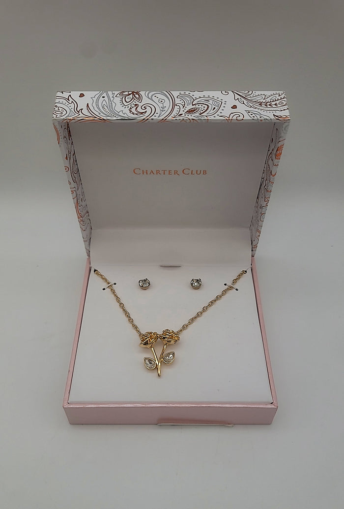 Charter Club Gold-Tone Crystal Rose Pendant Necklace and Stud Earrings Set