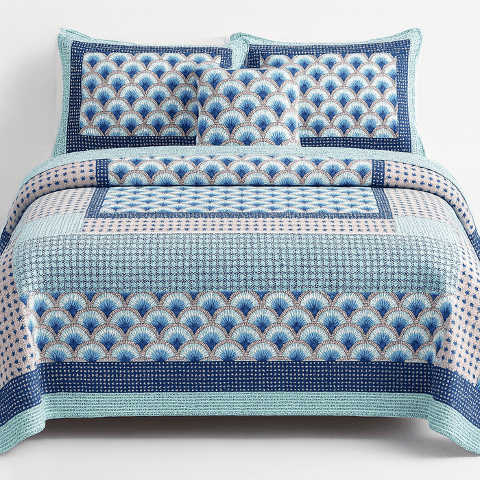 DaDa Bedding Mediterranean Blue Mint Patchwork Quilt Set