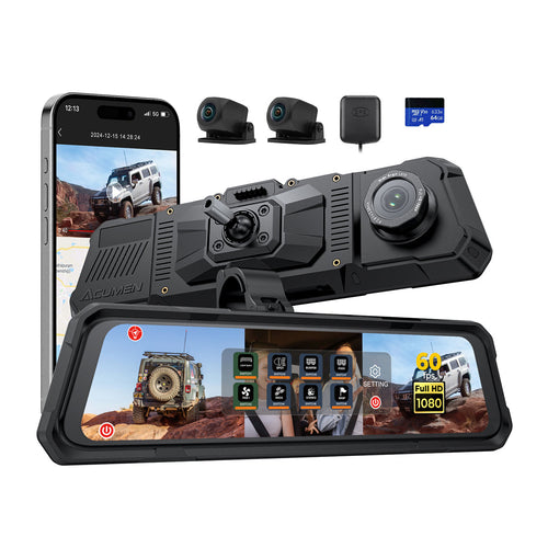 The Legend 3CH Waterproof Mirror Dash Cam, 1080P/60fps, 3-Cam