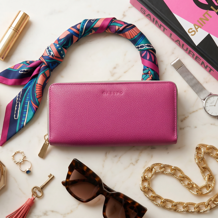 Large Zipper Wallet with Detachable Key Ring - Pink