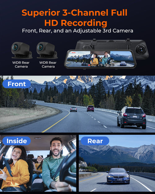 M4 3CH Mirror Dash Cam, 1080P/60fps, 12" IPS Touchscreen