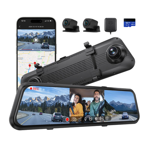 M4 3CH Mirror Dash Cam, 1080P/60fps, 12" IPS Touchscreen