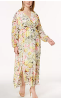 INC Womens Yellow Printed Long Sleeve V Neck Maxi Dress Plus, Size 1X