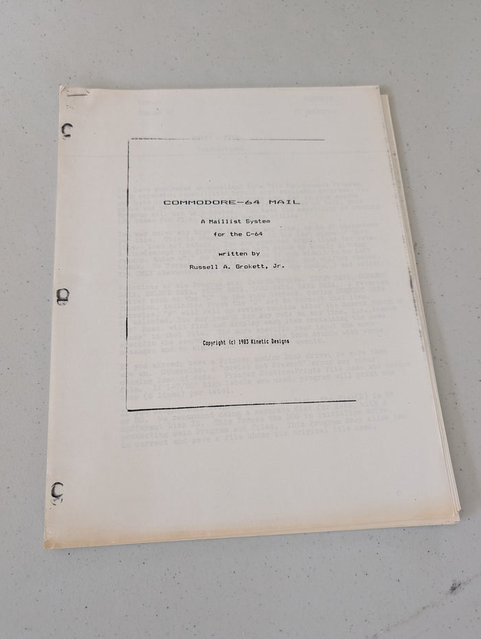 COMMODORE-64 MAIL A Maillist System for the C-64 written by Russell A. Grokett, Jr. manual only