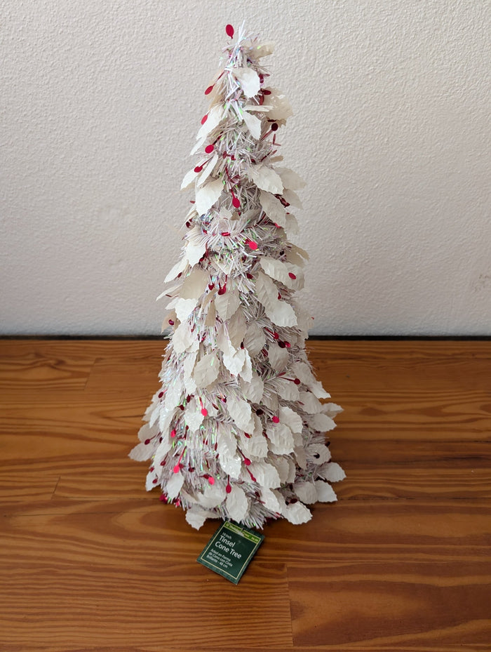 Tinsel Cone Tree from Unknown -  Holiday Decor (Plastic, Paper, Tinsel Tabletop Decor, Shabby Chic, Whimsical, Winter Wonderland, White, Iridescent, Red)