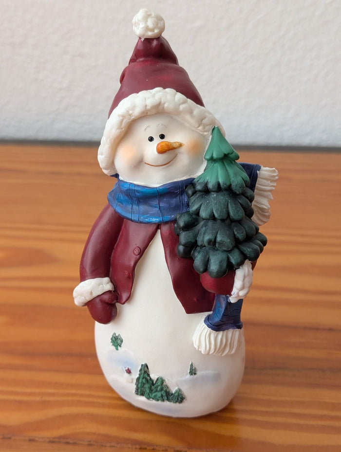 Snowman with Tree from Unknown - 2000s Holiday Decor (Resin Figurine, Traditional, Collectible, Red, White, Blue, Green)
