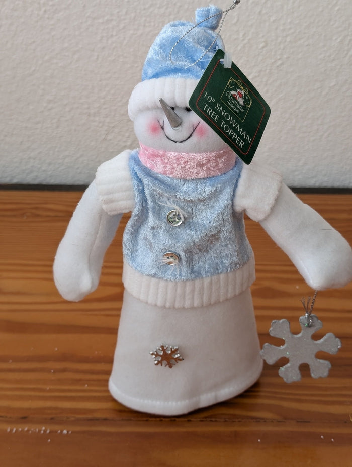 10" Snowman Tree Topper from Christmas House -  Holiday Decor (Fabric, Plush, Plastic Tree Topper, Whimsical, Traditional, White, Blue, Pink)