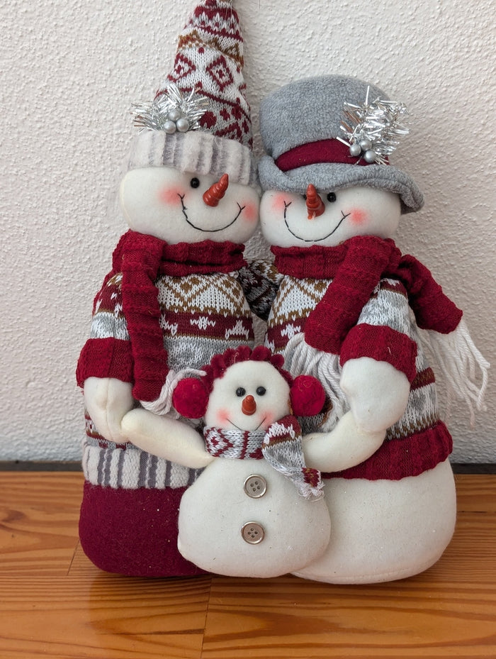 Snowman Family from Unknown -  Holiday Decor (Fabric Figurine / Decor, Rustic, Farmhouse, Traditional, White, Red, Grey, Brown)