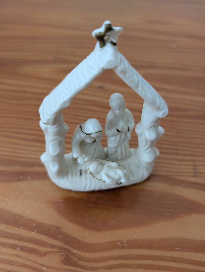 Miniature Nativity Scene from Unknown -  Holiday Decor (Ceramic Figurine, Traditional, Religious, Minimalist, White, Gold)