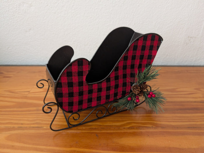Buffalo Plaid Sleigh from Unknown -  Holiday Decor (Metal, Fabric, Plastic Tabletop Decor, Farmhouse, Rustic, Cabin, Black, Red)