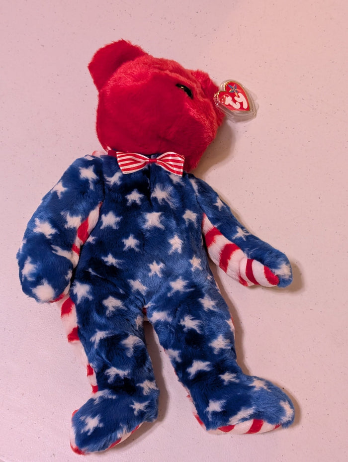 Liberty The Red-faced Bear Ty Beanie Buddy (14in)  (MWMT, Vintage, Retired, with Tag, VTG, Stuffed Animal, Plush, Toy)