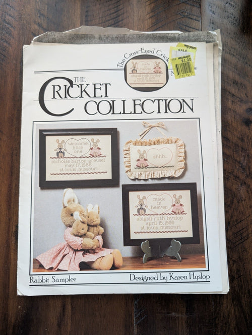The Cricket Collection: Rabbit Sampler by Karen Hyslop (The Cross-Eyed Cricket) (Crafts, Cross-Stitch, c. 1990s, rabbit sampler, birth announcement, Cross-Eyed Cricket, Karen Hyslop, nursery cross stitch)