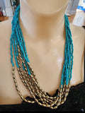 Vintage Multi-Strand Beaded Necklace Turquoise and gold tone Beads