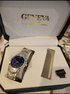Vintage Men's Blue Geneva Quartz Movement Watch. Stainless steel back.