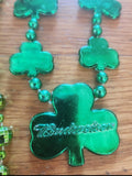 2 Green Mardi Gras Beads one Shamrocks says Budweiser and disco balls