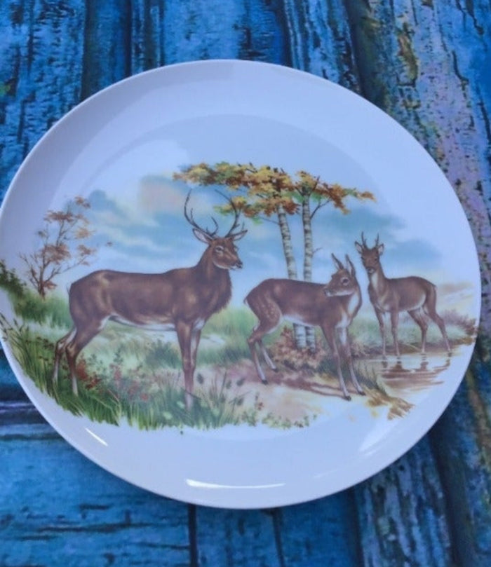 German Stoneware Plate depicting a family of deer in a picturesque forest scene