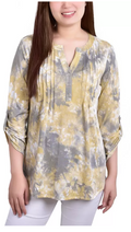 NY Collection Womens 3/4 Roll Tab Sleeve Y-neck Top