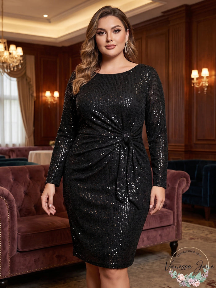 Betsy & Adam Womens Plus Sequined Jewel Neck Dress
