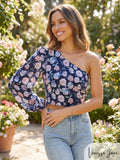 Lulus Boundless Beauty Black Floral Print One-Shoulder Crop Top, Size Large
