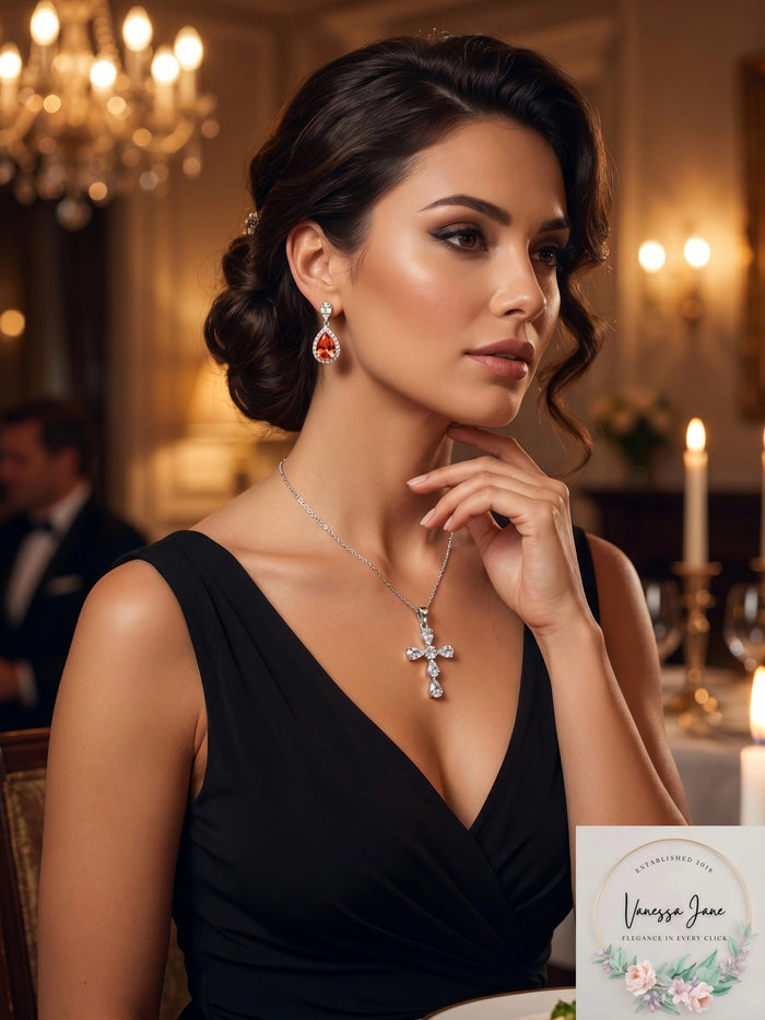 Cubic Zirconia Cross Pendant Necklace and 3-PC. Stud Earrings Set