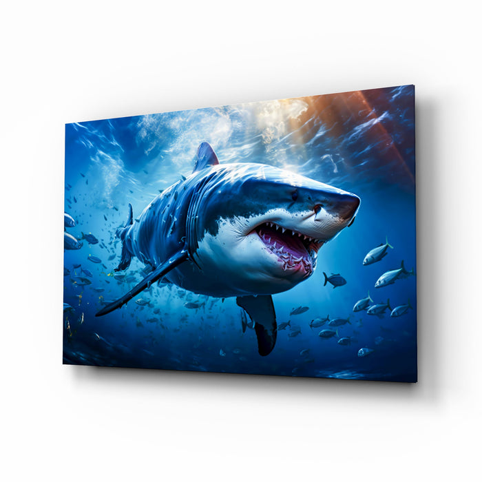 Deep Blue Fish School Shark Glass Wall Art