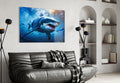 Deep Blue Fish School Shark Glass Wall Art