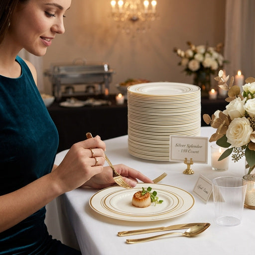 Silver Splendor 6 Inch Ivory Plastic Plate with Gold Band 150 CT
