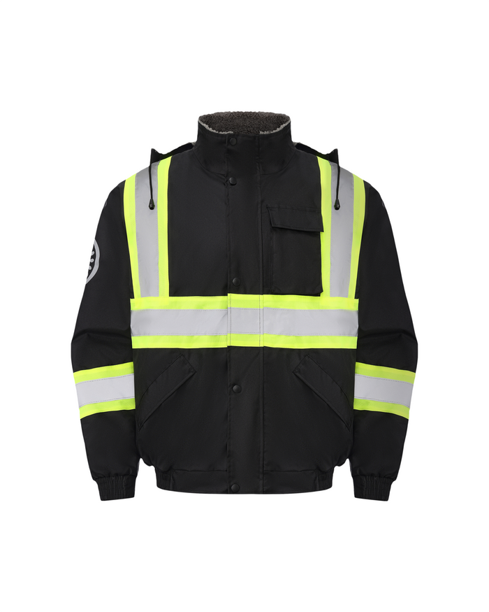 Kiwi High Visibility Hooded & Sherpa Lined ANSI/ISEA 107-2020 Reflector Contrast Trimmed Water Resistant Black Safety Jacket [71200]