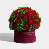 Classic Bordeaux Suede Box | Red Persian Buttercups & Green Hydrangeas