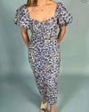 Mable Blue Floral Puff Sleeve Midi Dress Size M