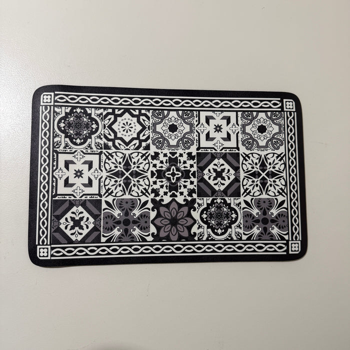 Coffee Bar Mat for Countertop, 12 x 19 in, Black and White Tile Print, Rubber Backed