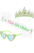 A Tini Bit Older Birthday Set, Sash, Rhinestone Tiara and Heart Sunglasses, Green